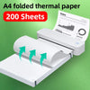 A roll of A4 folded thermal paper with 200 sheets shown next to a portable thermal printer.