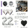 Set für Partyballons in Silber und Schwarz, herzförmige Folienballons und Zahlenballons.