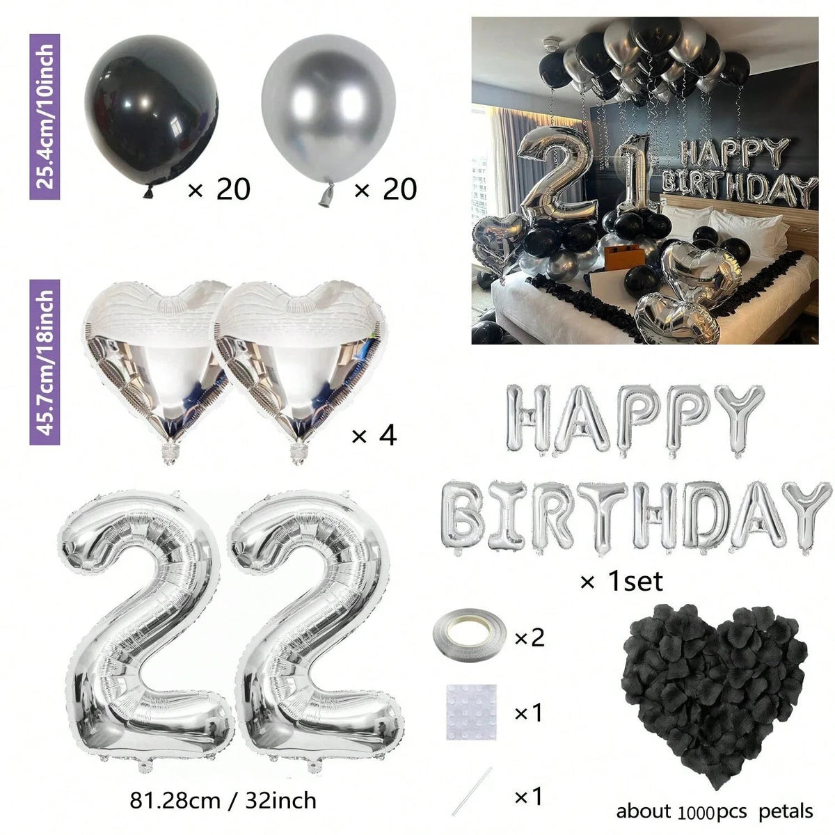 Set für Partyballons in Silber und Schwarz, herzförmige Folienballons und Zahlenballons.
