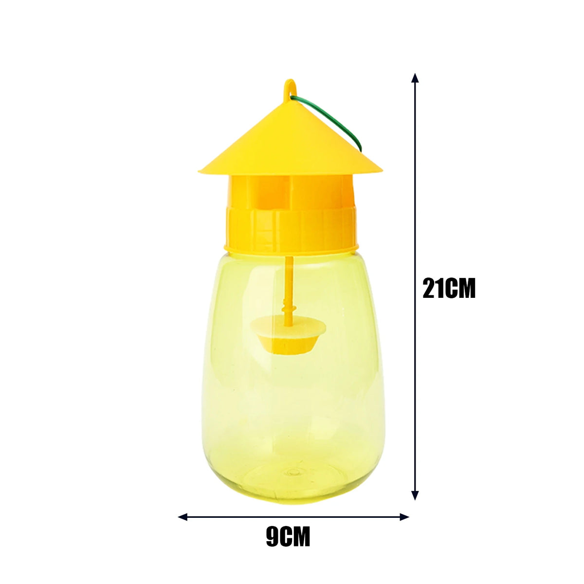 A yellow fruit fly trap kit with a clear glass jar and a yellow cone lid.