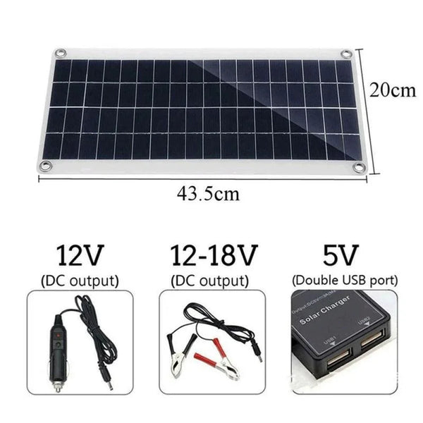 Panneau solaire rectangulaire avec cadre et câbles, montrant ses dimensions et options de sortie.