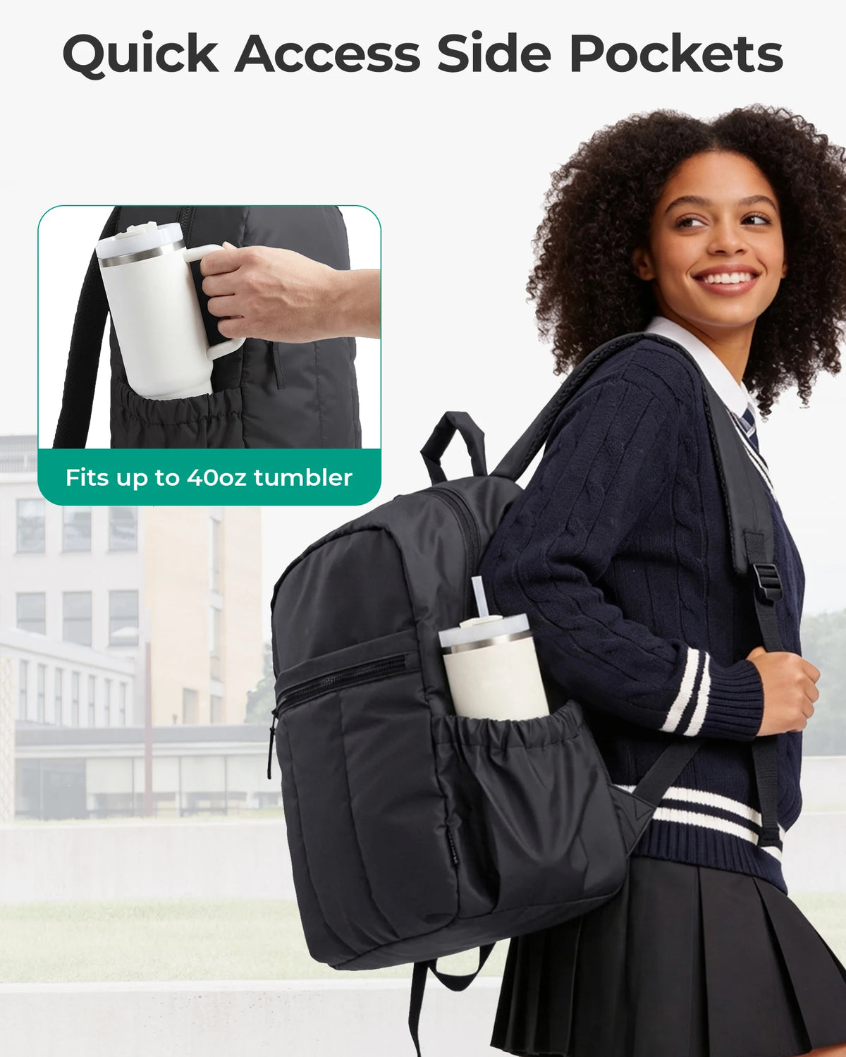 A woman wearing a navy blue cardigan and skirt carries a black laptop backpack with side pockets, demonstrating its capacity 