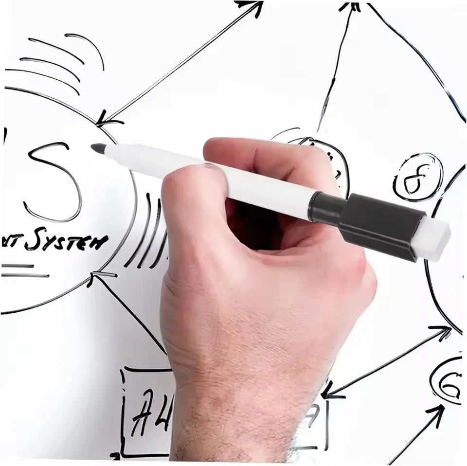 A hand holds a white dry erase marker with a black tip, demonstrating its use on a whiteboard with drawn diagrams.