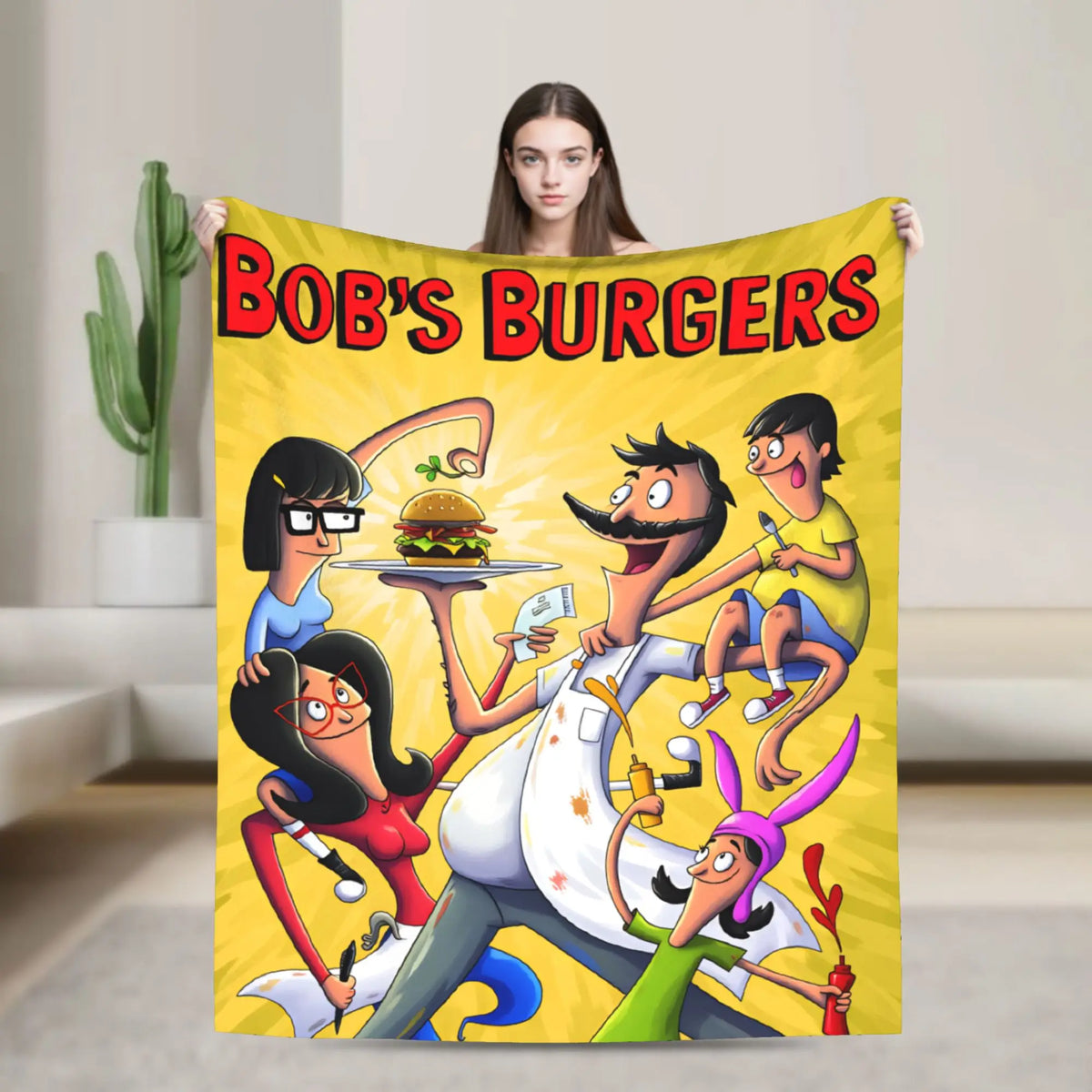 A colorful cartoon illustration of a chef and people enjoying food on a yellow background.