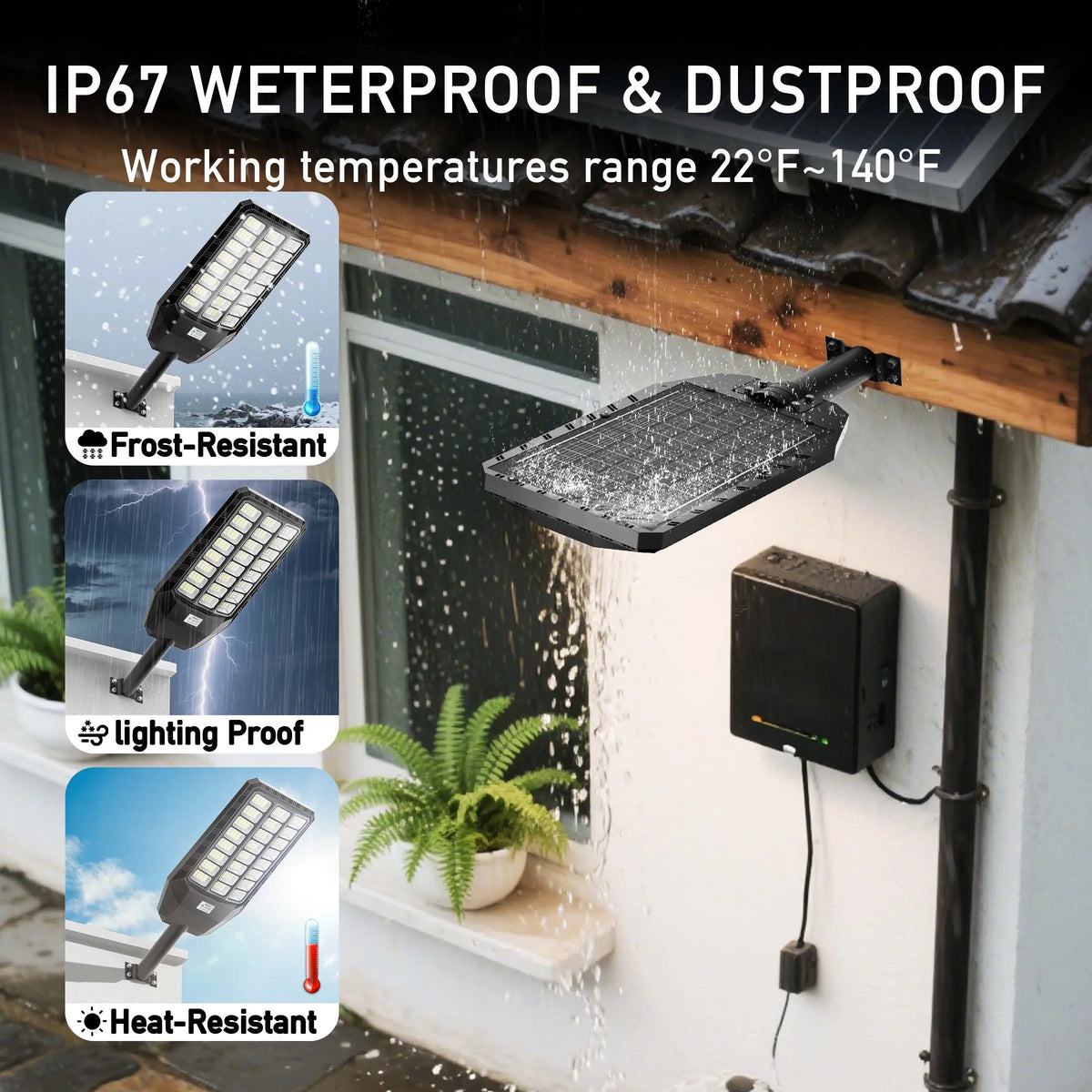 An IP67 waterproof and dustproof LED flood light mounted under a roof, demonstrating its frost-resistant, lighting proof, and