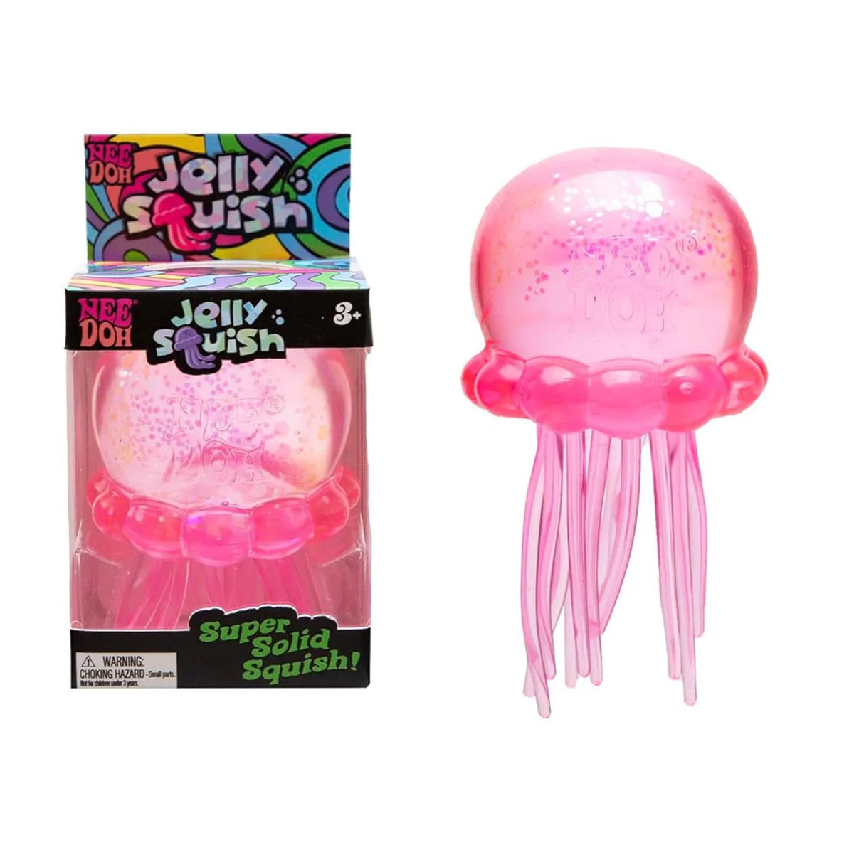 Verpackung von Nee Doh Jelly Squish Stressabbau-Spielzeug mit rosa Quallen-Design.