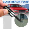 A hand holds a glass repair fluid applicator next to a red car, with a magnified view showing the fluid being applied to a wi