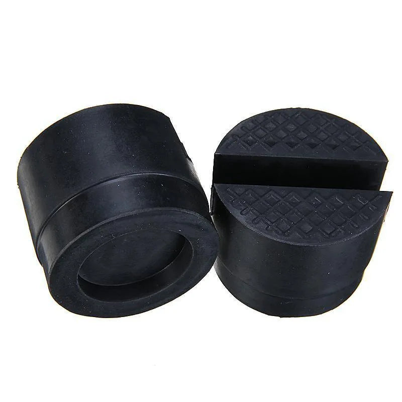 Black rubber pad for a universal car jack with a slotted frame rail adapter.