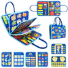 A set of Montessori busy boards for toddlers featuring various sensory and learning activities like matching animals, weather