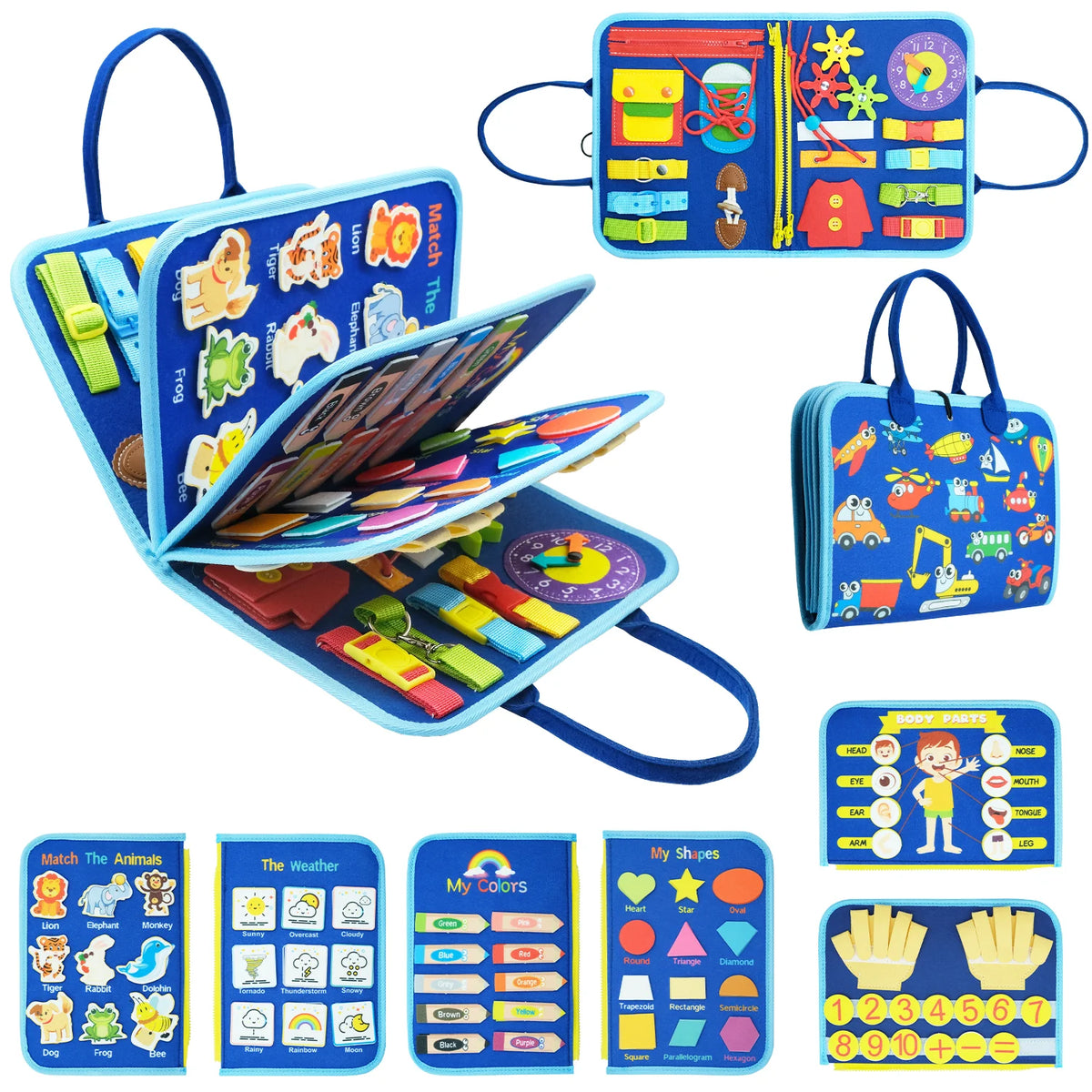 A set of Montessori busy boards for toddlers featuring various sensory and learning activities like matching animals, weather