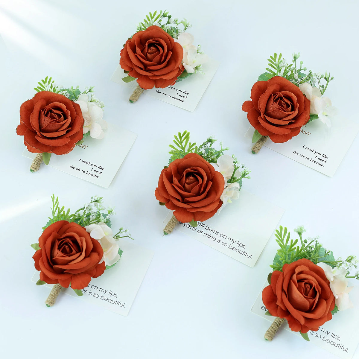 Burnt Orange Silk Boutonniere Set for Wedding Groom and Groomsmen