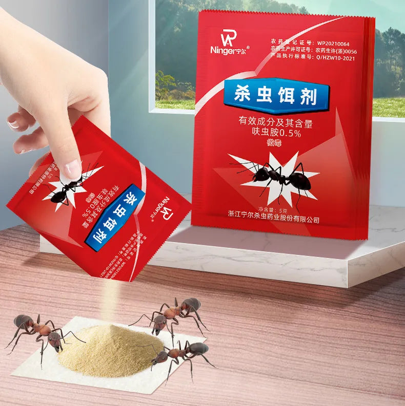 A red packet of high-strength ant bait is shown next to several ants and a pile of bait powder.
