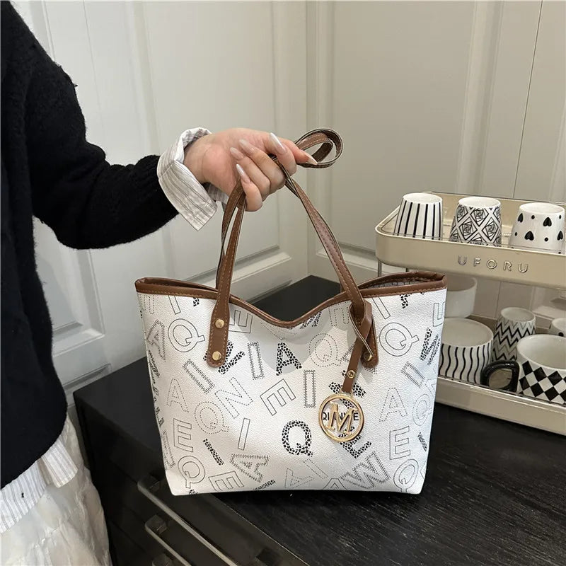 Large Capacity Letter-Print PU Leather Tote Bag