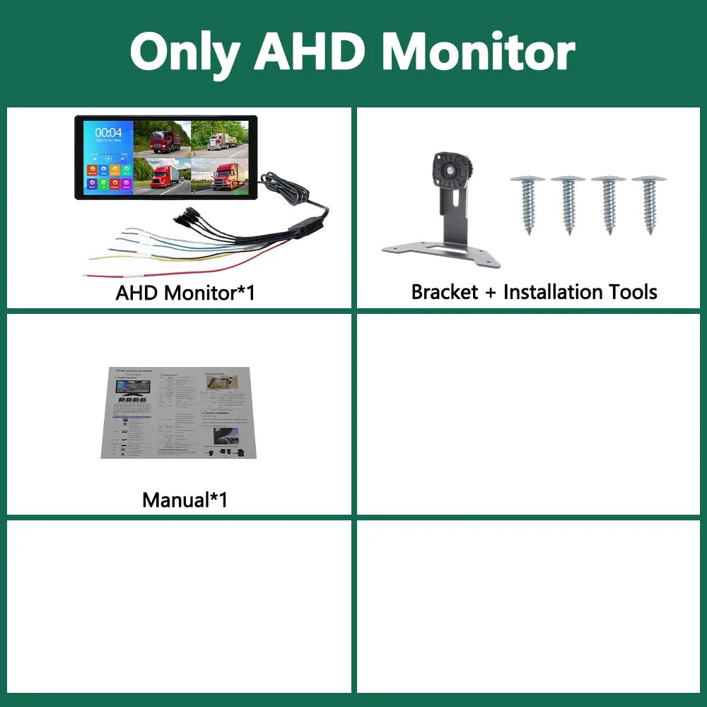Kit for an AHD Monitor including the monitor, bracket, installation tools, and manual