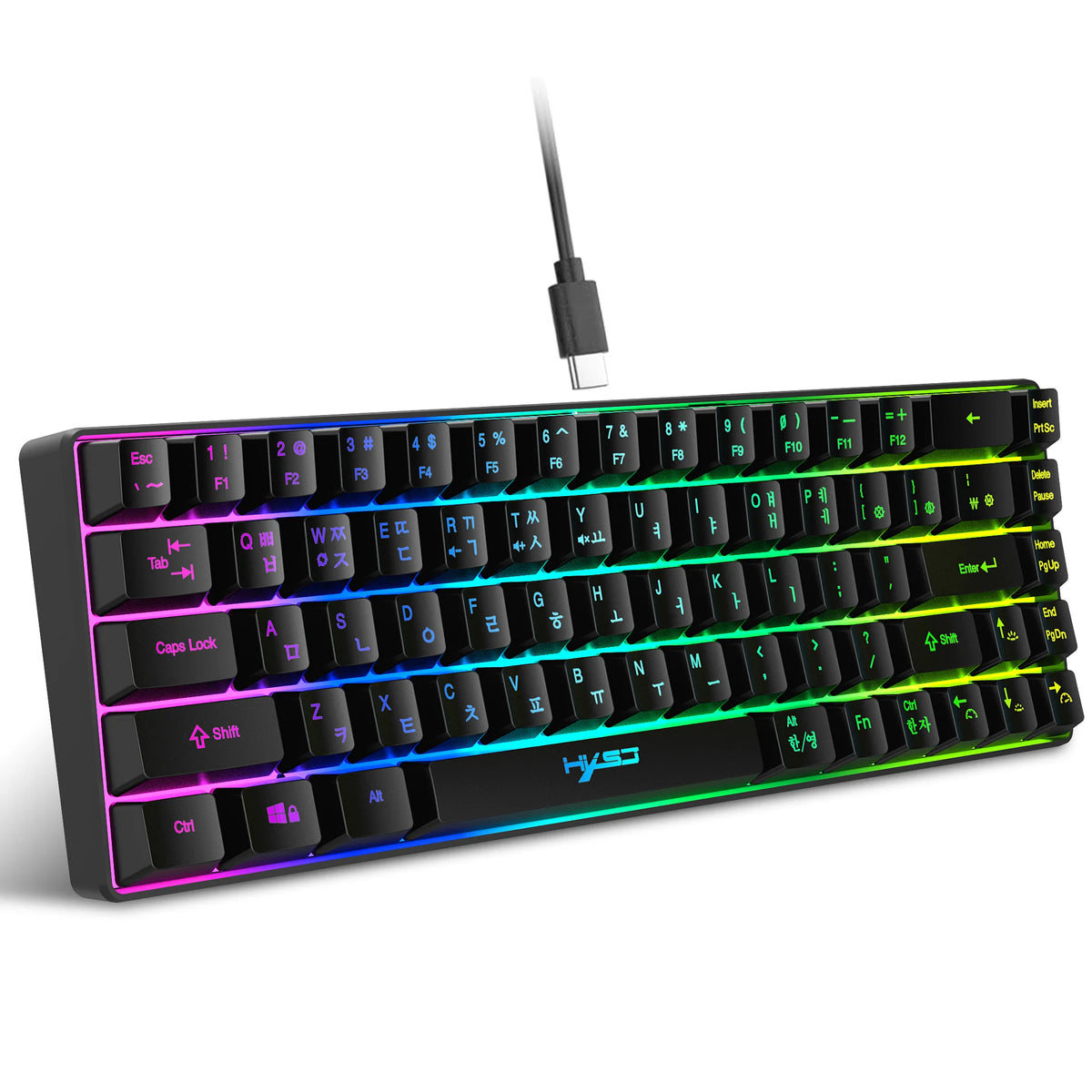 A black 68-key RGB wired gaming keyboard with customizable lighting and a detachable cable.