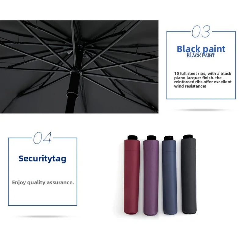 Close-up view of a black umbrella canopy and several black ribs, with accompanying security tags.
