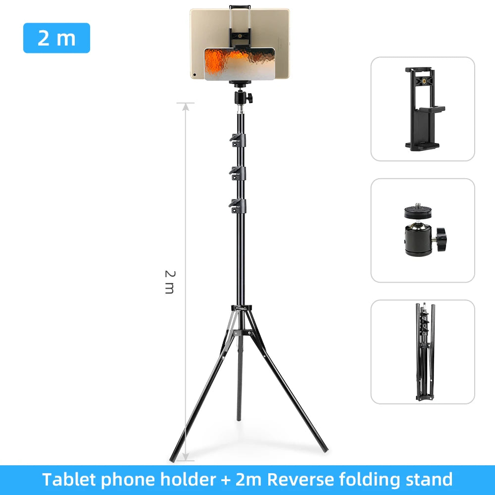 A black folding stand with an adjustable arm for mounting tablets and phones.