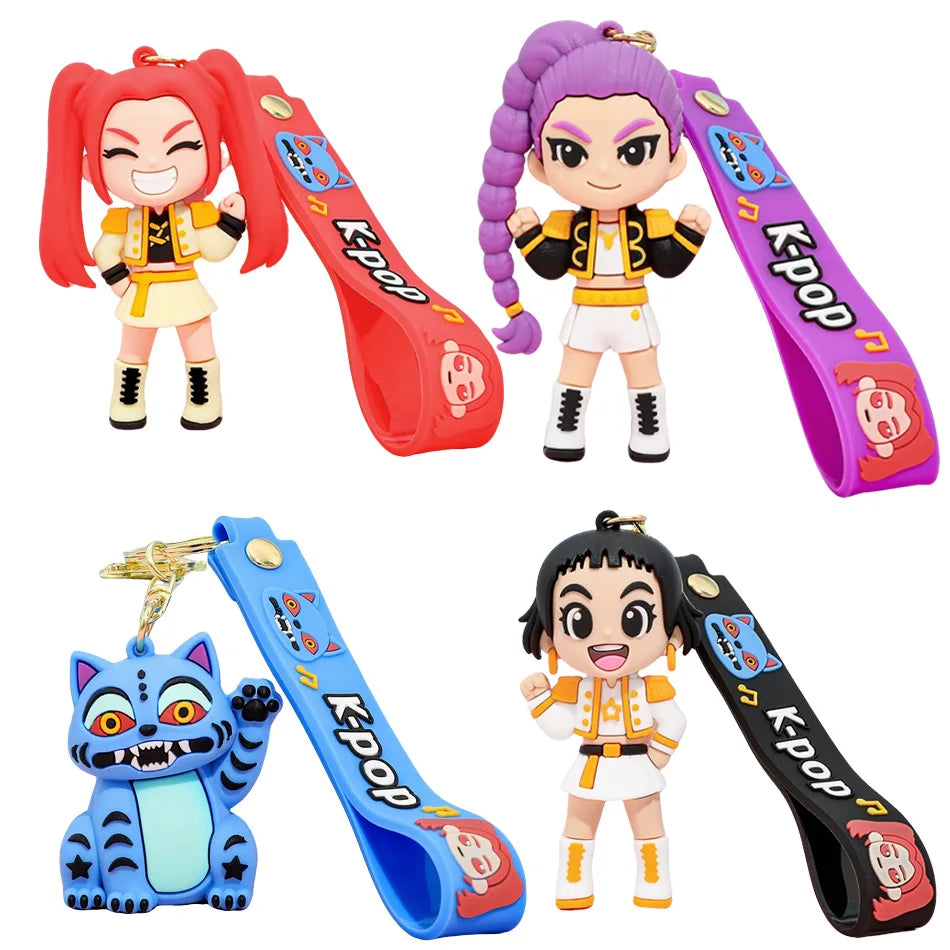 Anime Demon Hunters Girls Keychain Set with Tiger Charm