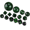 A set of fifteen polyhedral dice in black and green colors arranged on a white background.