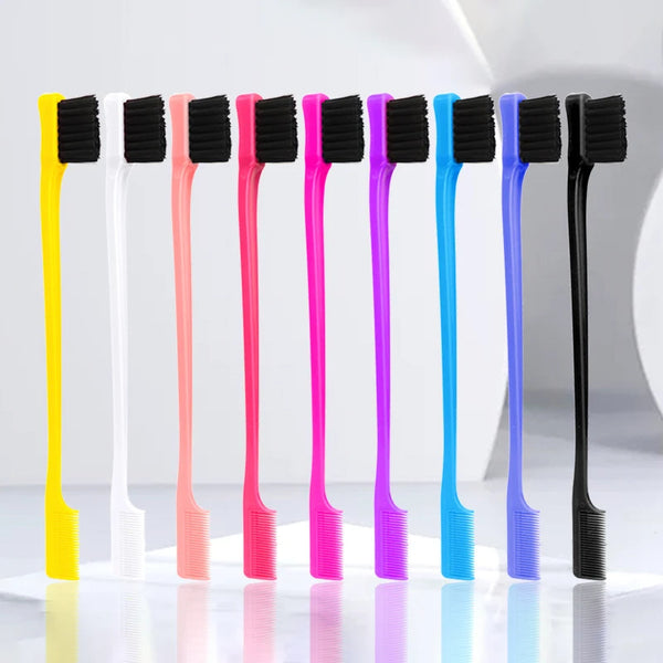 A row of various colored anti-static edge control brushes and combs displayed in a line.