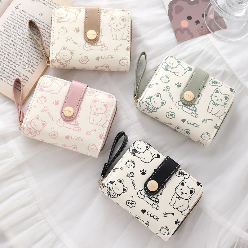 Cute Cat Face PU Leather Coin Purse with Wrist Strap