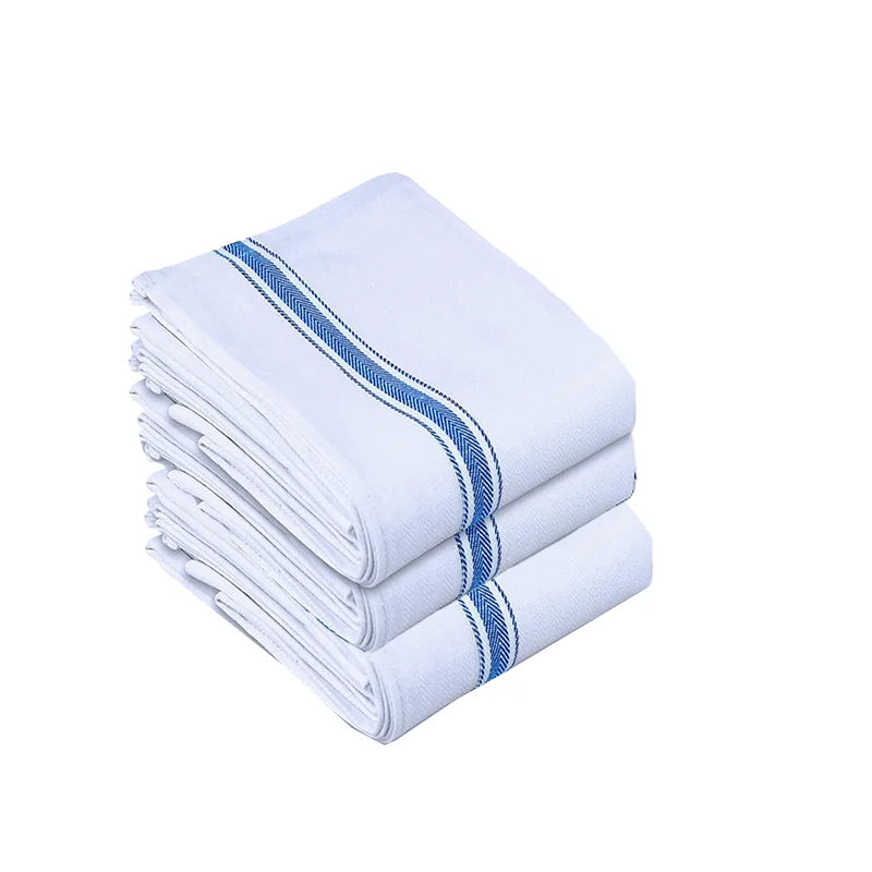 A stack of white cotton kitchen towels with blue stripes.