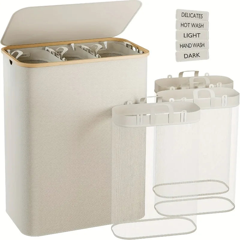 A beige foldable laundry hamper with a lid and three removable mesh bags for laundry storage.
