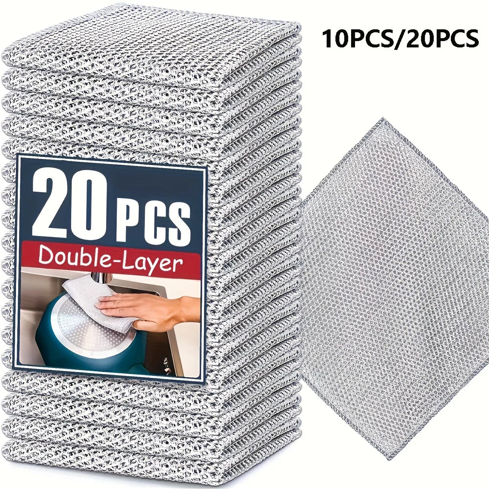 A stack of 20 double-layer microfiber cleaning cloths in silver and white.