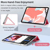 A slim trifold iPad case with an acrylic back is shown in two angles demonstrating strong magnetic connections for hands-free