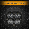 Close-up view of an IP67 waterproof LED spotlight housing with four lenses against a dark background.