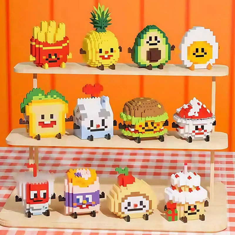 A set of cute micro building blocks dessert figurines featuring various fruits and foods like pineapple, avocado, and bread.