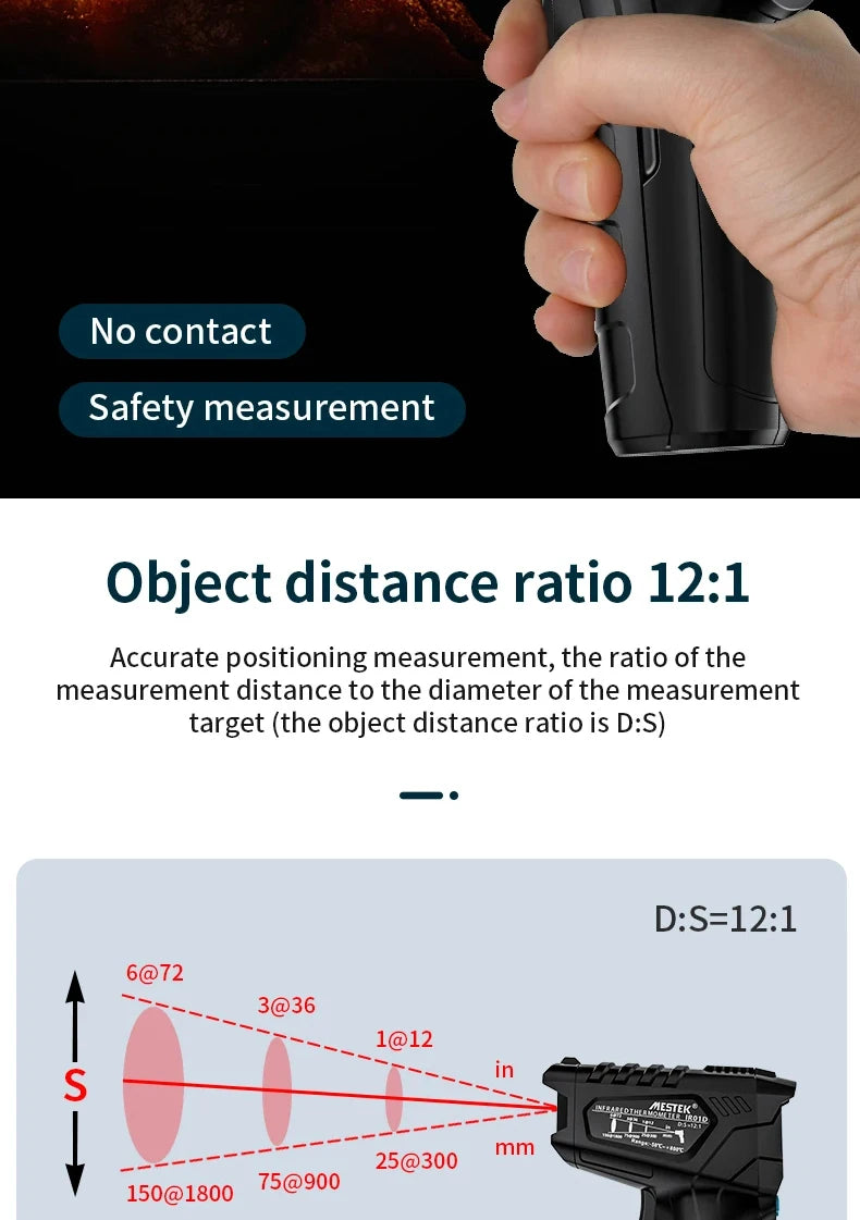 Digital infrared thermometer with laser sighting showing an object distance ratio of 12:1 for precise positioning measurement
