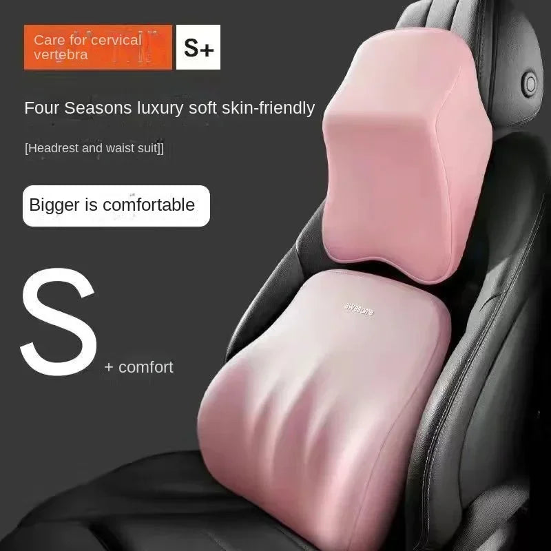 Pink memory foam car headrest and lumbar support pillow with black upholstery
