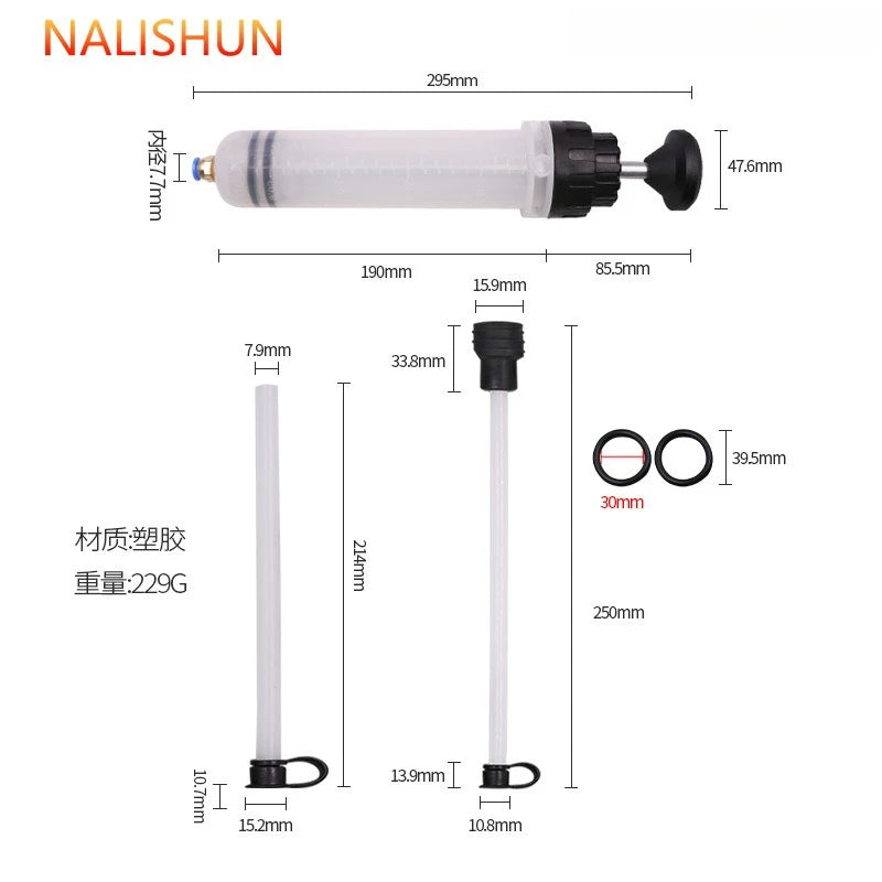 A white manual fluid transfer syringe pump with various dimensions shown for car oil extraction and brake bleeding.