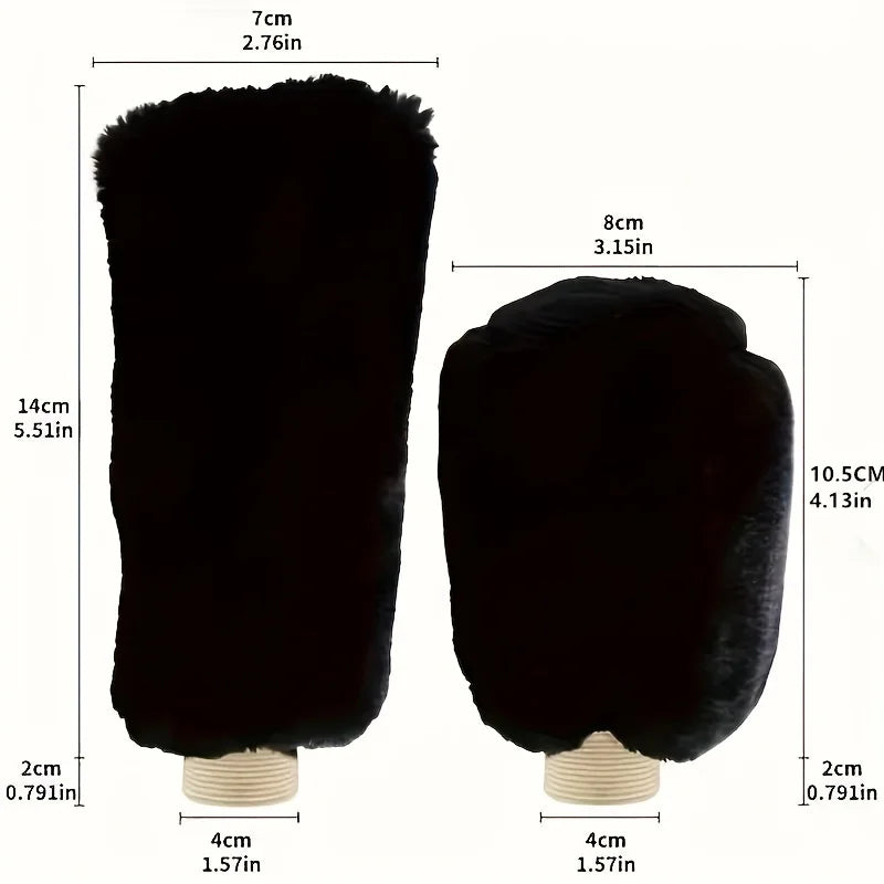 A set of black plush car gear shift and handbrake covers with specified dimensions.