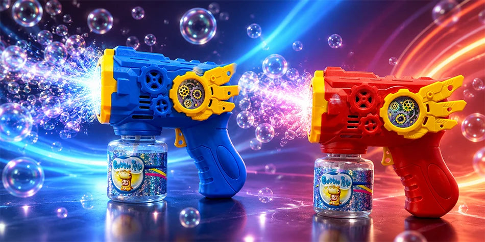 Blaues und rotes automatisches Blasspielzeug gegen hellen, funkelnden Hintergrund mit schwebenden Blasen.