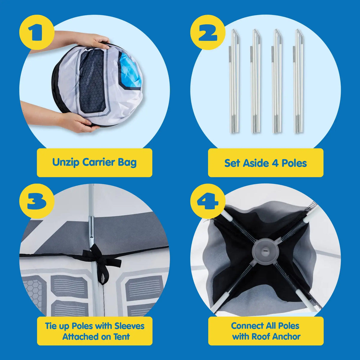 Instructions for assembling a 3-piece rocket ship play tent set, showing steps like zipping a carrier bag and connecting pole