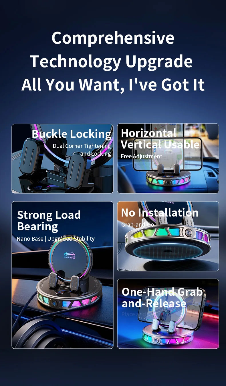 A set of auto-clamping wireless car phone holders with RGB ambient light showing various features like buckle locking and ver