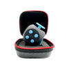A black 12-sided fidget cube with blue accents is shown inside its red-trimmed storage case.