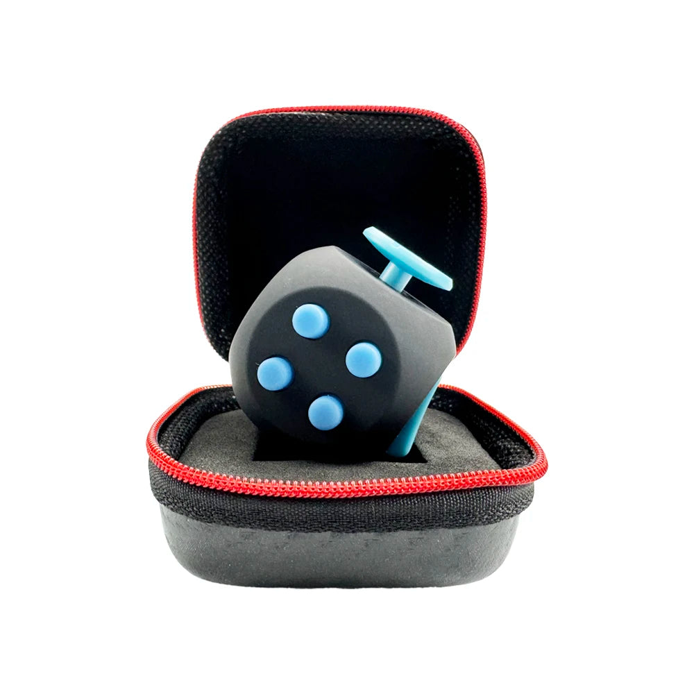 A black 12-sided fidget cube with blue accents is shown inside its red-trimmed storage case.