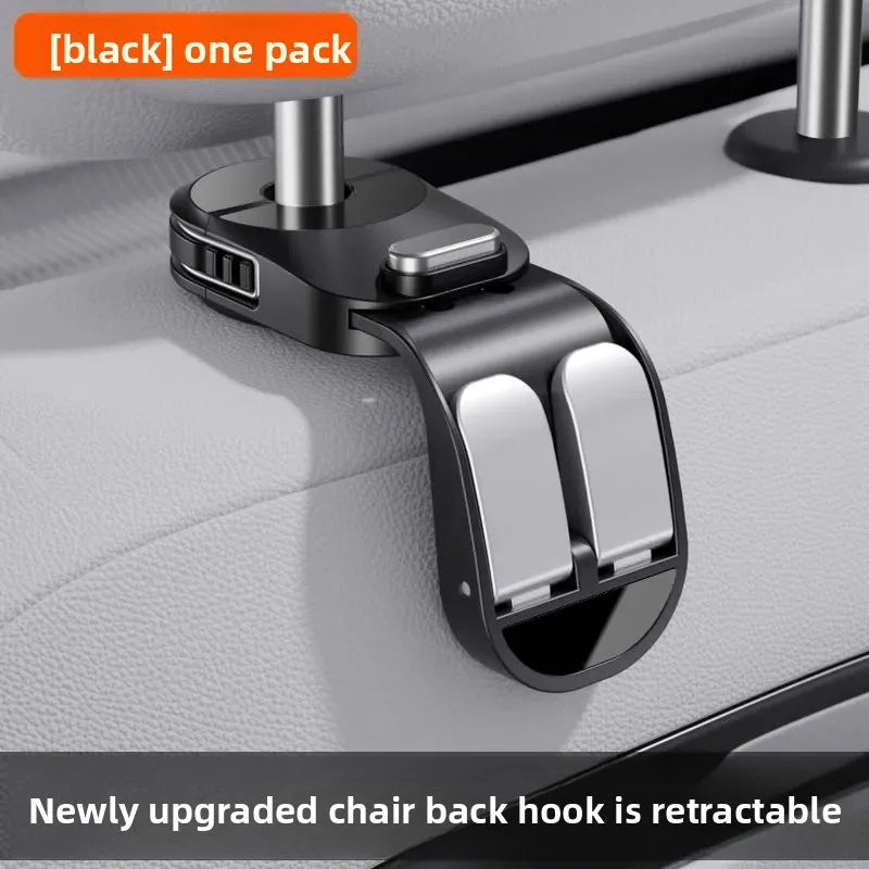 A black retractable chair back hook is shown attached to a car seat, demonstrating its hidden storage feature.