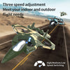 A green remote control fighter plane is shown in flight over a brown landscape, demonstrating three-speed adjustment features