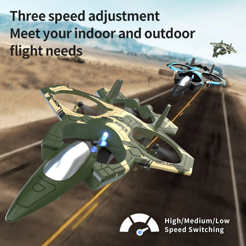 A green remote control fighter plane is shown in flight over a brown landscape, demonstrating three-speed adjustment features
