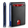 Schwarzes, schlankes Kunstleder-Wallet mit blauem Akzent, zeigt Innen- und Außenansicht.