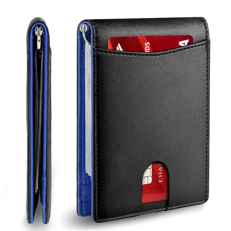 Schwarzes, schlankes Kunstleder-Wallet mit blauem Akzent, zeigt Innen- und Außenansicht.