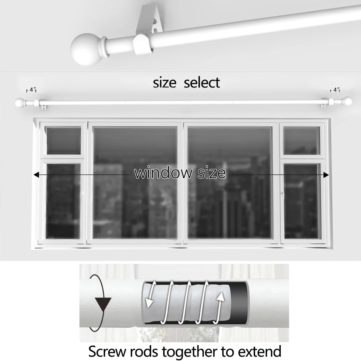 A classic iron curtain rod with decorative ball finials is shown being extended by screw rods.