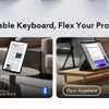 Una funda de teclado desmontable se muestra en uso con un iPad en varios entornos de trabajo.