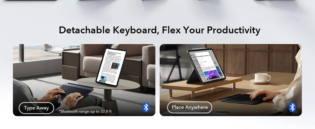 Una funda de teclado desmontable se muestra en uso con un iPad en varios entornos de trabajo.