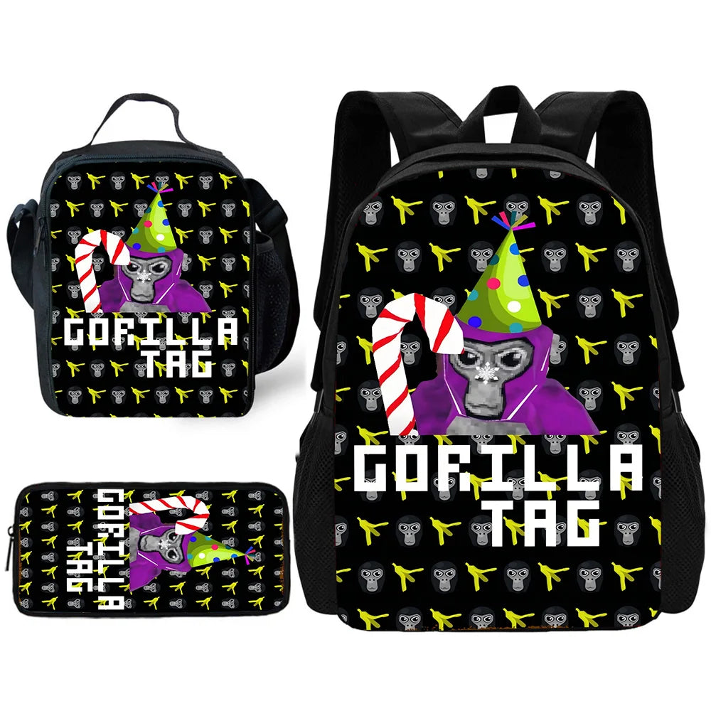 Cartoon Gorilla Kids School Backpack Set with Lunch Bag and Pencil Case