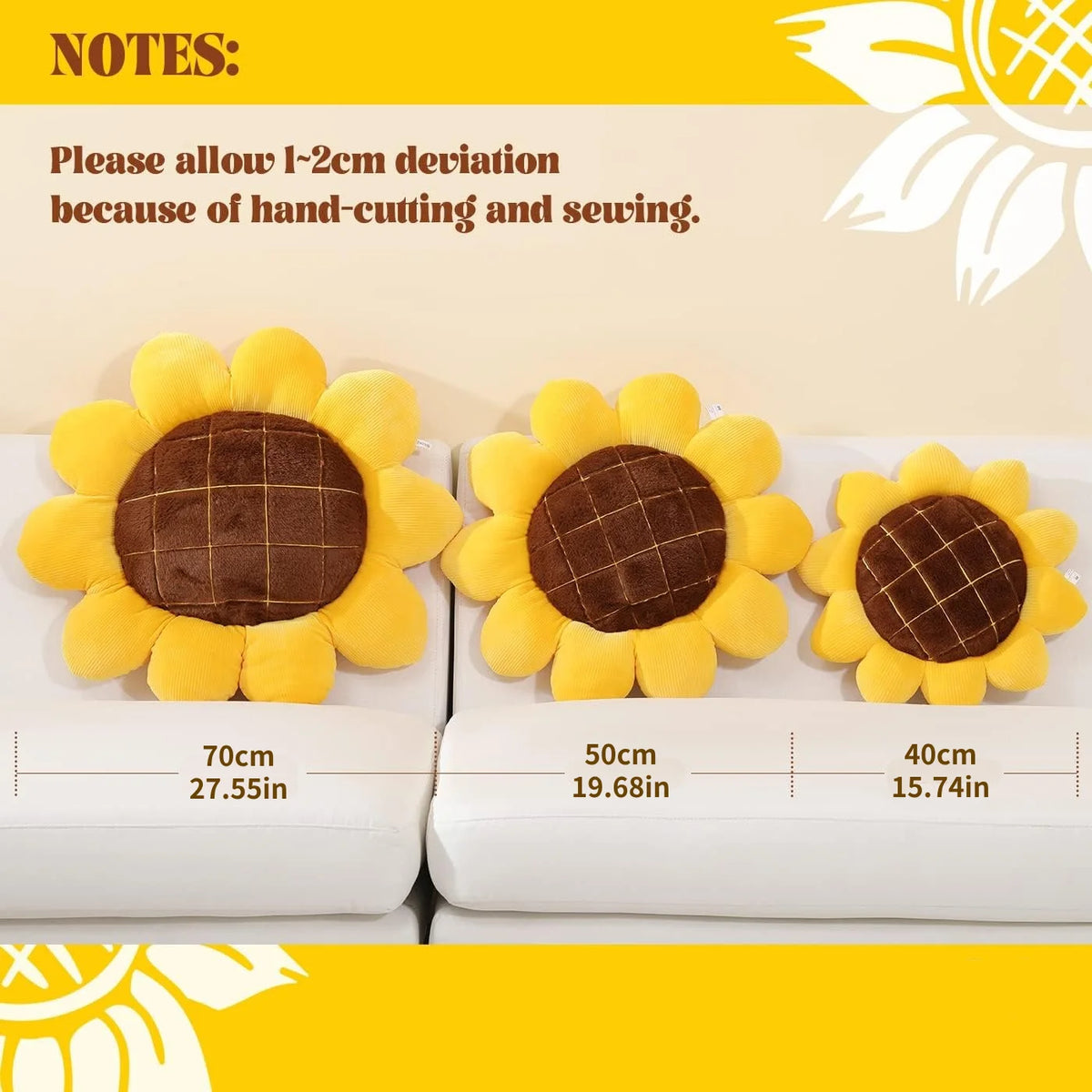 Yellow sunflower shaped floor pillows displayed with size options and sewing deviation notes.